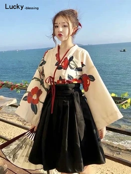 Винтажное японское платье с цветочным рисунком, Длинное Кимоно Janpanse, женская традиционная юбка, одежда Kawaii, азиатское платье для девочек, Комплект халатов для косплея  5