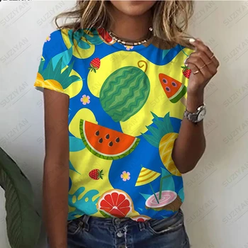 2023 Женская летняя новая футболка с 3D-принтом тропических фруктов с коротким рукавом, Женский пуловер с круглым вырезом, Повседневный топ с индивидуальностью  5