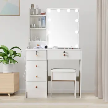 Белый туалетный столик с раздвижным зеркалом и выдвижными ящиками со светодиодной подсветкой, туалетный столик для спальни, гостиной, ванной комнаты  10
