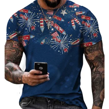 Летняя новинка 2023 года, американский День независимости, мужская 3D цифровая печать, внешняя торговля, пуловер с круглым вырезом, футболка с коротким рукавом  4