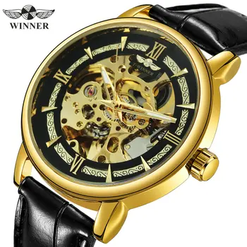 Официальные НОВЫЕ Автоматические Механические часы WINNER, мужской бренд, Роскошные наручные часы с Золотым скелетом, Кожаный ремешок, Повседневные Деловые часы  5