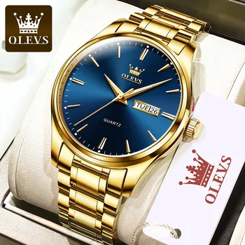 Мужские часы OLEVS, лучший бренд класса люкс, кварцевые наручные часы, Водонепроницаемый ремешок из нержавеющей стали, Деловые часы, Неделя, Золотые мужские часы  5