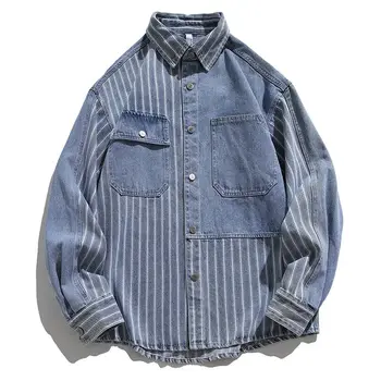 Винтажная Мужская джинсовая рубашка Harajuku с длинным рукавом, Весенне-осенняя куртка на пуговицах, уличная одежда Y2k, Корейская мода, повседневная новинка  5