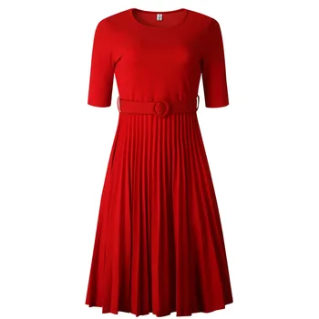 Летнее платье 2021 года с коротким рукавом, круглым вырезом, высокой талией, однотонная плиссированная юбка в стиле Европы и Африки D028  5