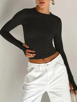 Модная женская футболка с круглым вырезом и длинным рукавом, однотонный женский укороченный топ с отверстиями для большого пальца для повседневной уличной одежды, летние майки  4