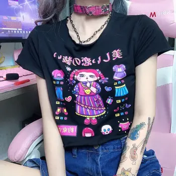 японская женская футболка с рисунком аниме, летняя Уличная футболка, Милые Короткие футболки, Летний укороченный топ в стиле Харадзюку, Эстетичный Y2K  5