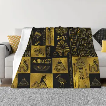 Египетское Золото, Иероглифы и символы, Коллажное одеяло, Теплая Флисовая Фланель, Египетские одеяла с иероглифами для спальни Дома  1