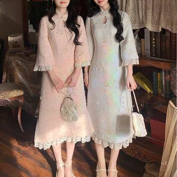 Новый традиционный китайский стиль Улучшен, Летнее весеннее женское милое платье Чонсам с длинными рукавами, Модная женская весенняя новинка 2023 года  1