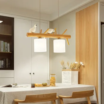 Ресторанная люстра Nordic Personality Bird из массива дерева с длинной полосой, светодиодная люстра из белого стекла с 2/3 головками, лампа для гостиной и кабинета  10