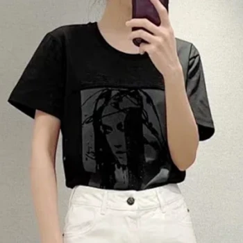 2023 Весна и лето, Новая женская футболка из хлопка с портретом, украшенная стразами, футболка с круглым вырезом  5