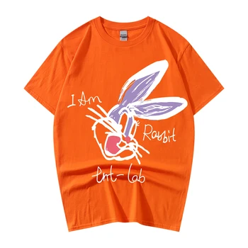 Оранжевая футболка для мужчин, брендовая одежда европейского тренда, женские футболки с принтом Кролика, Забавные летние топы с коротким рукавом  5