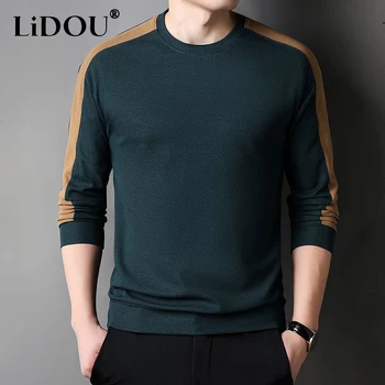 Весенне-осенний Спортивный шикарный Винтажный повседневный мужской пуловер с длинным рукавом контрастных цветов, прямая футболка, Свободный универсальный топ для мужчин  5