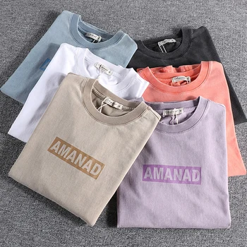 Летняя новая винтажная футболка цвета хаки с короткими рукавами в стиле heavy wash, молодежная футболка с надписью 