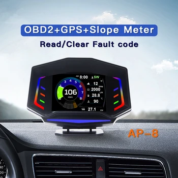 AP-8 HUD Головной Дисплей Многофункциональный OBD2 + GPS + Измеритель Наклона Спидометр Напряжение Датчик Температуры воды Сигнализация Превышения Скорости  2