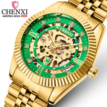 Роскошные механические мужские часы бренда Chenxi Skeleton Automatic Gold Masculino, Водонепроницаемые часы с автоподзаводом, Нержавеющая сталь Hombr  2