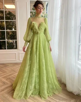 AsaNagi Светло-зеленые тюлевые длинные платья трапециевидной формы с высоким вырезом в виде сердца, женское платье для официальной вечеринки, вечернее платье 2023 г.  5