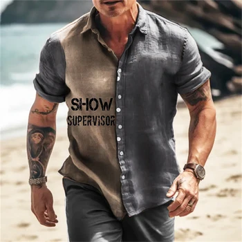 Винтажная мужская рубашка, летняя футболка с отворотом и пуговицами, Свободная Простая мужская одежда с коротким рукавом, уличная одежда, повседневная пляжная рубашка для мужчин, блузка  5