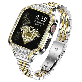 Блестящий Металлический корпус + Ремешок для Apple Watch Band 40 мм 41 мм нарядный браслет из нержавеющей стали + Чехол со стразами iwatch series SE 7 6 5 4 8  0