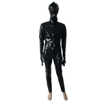 Сексуальное мужское боди из искусственной кожи из ПВХ, костюмы для косплея, клубный комбинезон, двойная молния спереди до бедра со съемной маской, перчатки  2