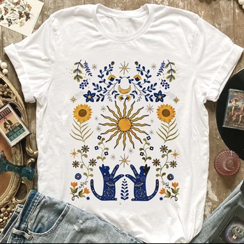 Рубашка с небесным Солнцем и Луной, футболка с мистической Космической Галактикой, футболка с народным искусством, футболка с ботаническим цветочным рисунком, рубашка с Ведьминой Луной и кошками, футболка с подсолнухом  4