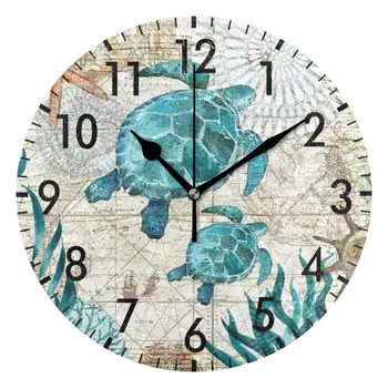 Старинные Настенные часы с Черепахой и Осьминогом, картой мира, Бесшумные, Не Тикающие, Тихие Настольные Круглые Часы, Подвесные Настенные Часы для домашнего декора спальни  5