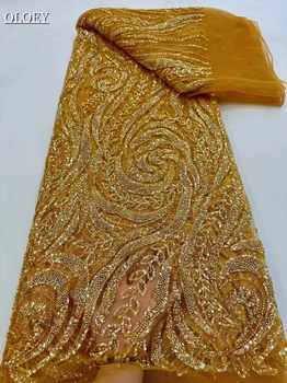 Высококачественная роскошная французская вышивка, тяжелая кружевная ткань для жениха, африканская нигерийская ткань с блестками, для свадебного платья, для вечеринки  5