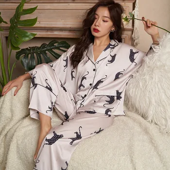 Высококачественный женский пижамный комплект, роскошная пижама свободного кроя с леопардовым принтом, шелковая пижама, домашняя одежда для отдыха, женская пижама  4