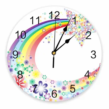 Мультяшные Радужные Звездные Цветочные декоративные Круглые настенные часы Дизайн с арабскими цифрами, Не тикающие Спальни Ванная комната Большие настенные часы  5