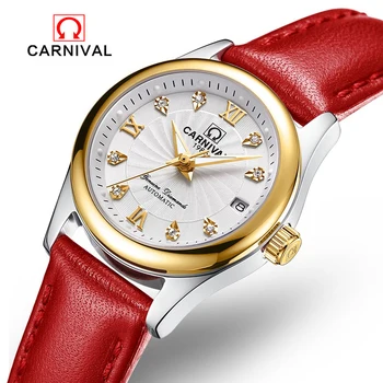 Женские механические часы бренда CARNIVAL, деловые автоматические наручные часы из роскошной кожи, водонепроницаемые, со светящимся сапфиром Reloj  3