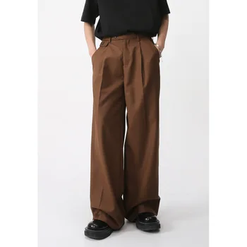 Новые Мужские костюмные брюки, однотонные, полные, мешковатые Повседневные Широкие брюки, прямые брюки с высокой талией, уличная одежда, брюки оверсайз  5