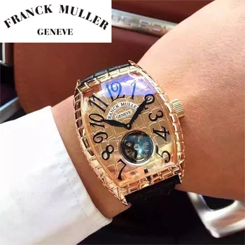 Мужские механические автоматические часы FRANCK MULLER, лучший бренд, водонепроницаемые Роскошные кожаные мужские часы, часы из розового золота, мужской подарок  5