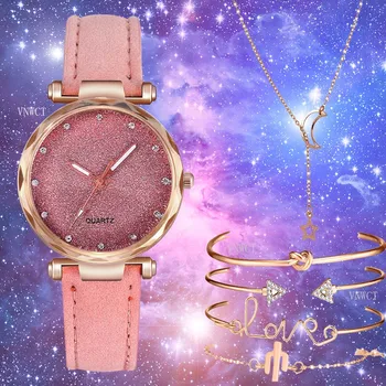 Набор часов-браслетов Женские Романтические наручные кварцевые часы со звездным Небом, кожаные женские часы с бриллиантами, простое платье Gfit Montre Femme  0