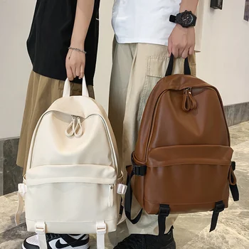 Рюкзак большой емкости, женский кожаный рюкзак с несколькими карманами, Большой японский стиль, простой мягкий кожаный рюкзак Унисекс для путешествий  5