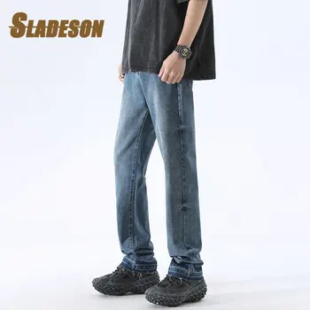 Мужские джинсы Sladeson, черные, синие, брендовая уличная одежда в лаконичном стиле, винтажная мода, повседневные прямые джинсовые брюки Harajuku, мужские брюки  5