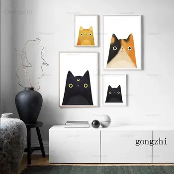Плакат с милым желто-черным котом из мультфильма и печать на холсте акварелью, настенная живопись в детской комнате для домашнего декора в гостиной  10