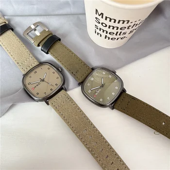 Молодежный Студенческий часовой бренд Кварцевые часы Винтажный Квадратный циферблат Кожаный ремень Наручные часы Модные Мужские Женские подарочные часы Relógio Feminino  5