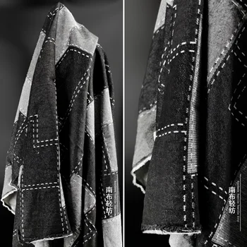 Черно-белая выстиранная джинсовая ткань в крупную клетку, сшитая из джинсовой ткани, пальто, юбка, дизайнерская одежда, Дизайнерская индивидуальность, ткань  5