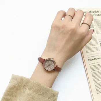 Женские часы в стиле ретро коричневого цвета, маленькие женские наручные часы, винтажные кожаные часы-браслет, Модный бренд, Женские кварцевые часы  5