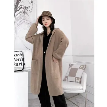 2022 Осень и зима, новое модное свободное вязаное пальто средней длины в корейском стиле, большой свитер для женщин  5