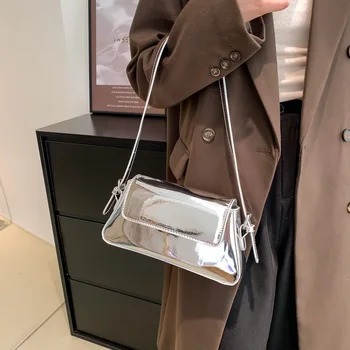 Женская сумка через плечо из лакированной кожи цвета: золотистый, серебристый, фирменный дизайн, женская простая сумка для подмышек, Джинсовая синяя сумка для подмышек, вечерние клатчи  5