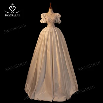 Винтажное Атласное Свадебное Платье 2023 С Аппликациями, Придворный Шлейф Трапециевидной Формы, Платье Принцессы Vestido De Novia SwanSarah XH63, Платье Невесты Размера Плюс  5