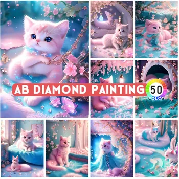 AB Diamond Painting Розовая серия Cat Cherry Blossom, Готическая алмазная вышивка, Мозаика, горный хрусталь, Изображение животного и цветка для домашнего декора  0