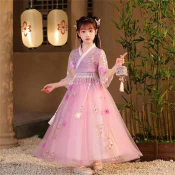 Ханфу для девочек в китайском стиле 2022, новое сказочное старинное платье для маленькой девочки, весна-лето, корейская юбка с длинным рукавом  4