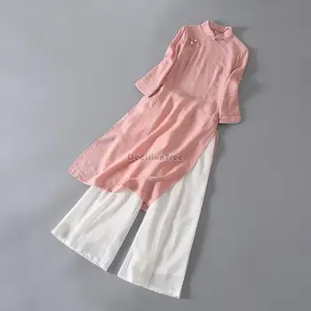 2023 новый винтажный китайский стиль улучшенное шелковое льняное длинное платье aodai cheongsam retrp свободного кроя чайное платье для женщин lady g380  2