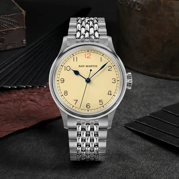 Мужские Автоматические механические наручные часы San Martin 38,5 мм NH35 Vintage Pilot Watch в стиле ретро в стиле милитари из нержавеющей стали для мужчин  4