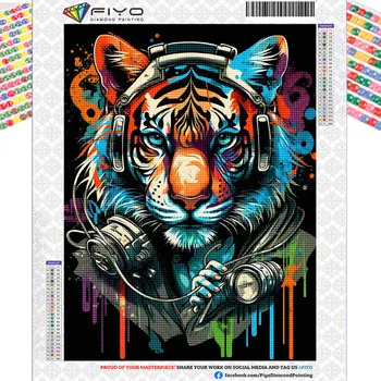FIYO 5D Алмазная живопись Красочный Тигр с наушниками Полная Мозаичная Вышивка животных Подарок ручной работы Домашний Декор Настенное искусство  2