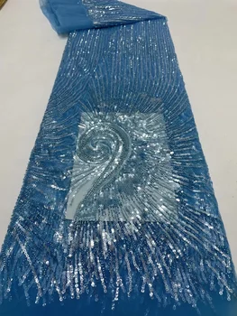 Африканская кружевная ткань с пайетками и бисером, высококачественная кружевная ткань из Французского тюля, вышивка 2022 года, Нигерийские кружевные ткани для синей свадьбы  1