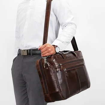Мужская кожаная сумка из кожи с верхом из масла и воска, 17-дюймовый Компьютерный портфель с косым сиденьем на одном плече  5