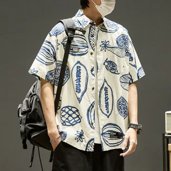 Мужские рубашки с коротким рукавом, летняя мода 2023, уличная одежда, Повседневная Гавайская пляжная рубашка, мужские топы с фруктовым принтом, Свободная блузка  5