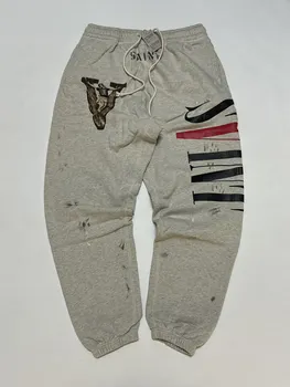 22SS Saint Осенне-зимние мужские винтажные брюки для бега трусцой Оверсайз в стиле хип-хоп с граффити, выстиранные в ванной комнате  5